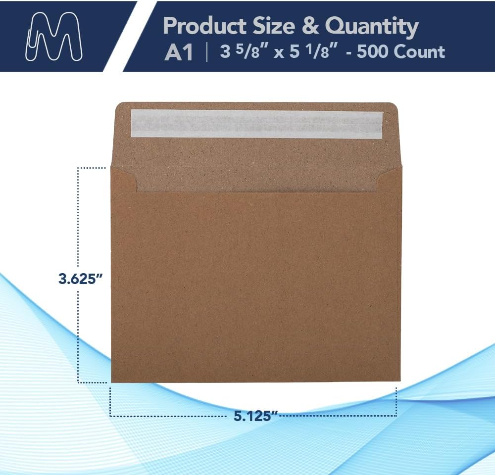 MOS A1 Kraft Envelopes 3.6 x 5.1 Inch 500 Pack — Brown Self-Seal Heavyweight Invitation Envelopes for RSVP, Thank You Cards, Gift Cards, Weddings, Business Mailings